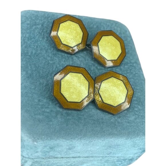 Antique Art Deco Signed Hallmark Yellow Brown Guilloche Enamel Cufflinks Pair He - Picture 5 of 11